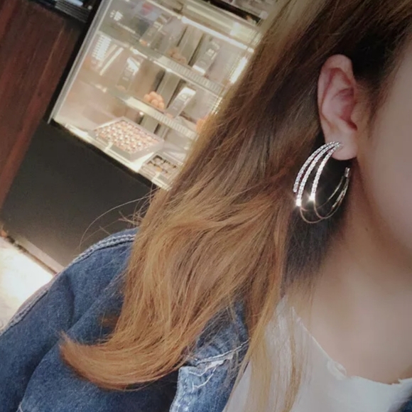 Yellow Gold Hoop Pave Diamond Earrings - Picture 4 of 8